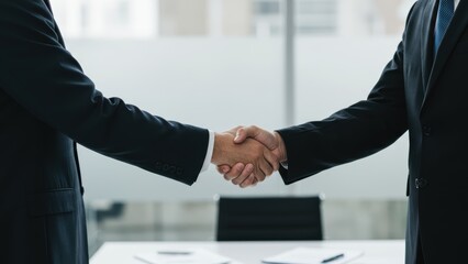 Fototapeta premium Two adult businessmen shake hands in a modern office setting Focus on collaboration, teamwork, and business success
