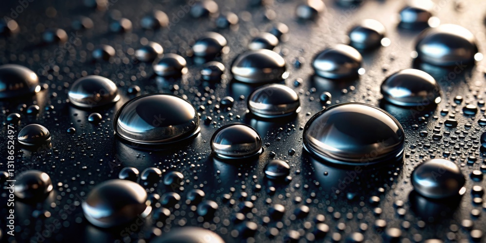 Aufkleber a macro view of glistening droplets of water resting on a black surface, highlighting their reflecti