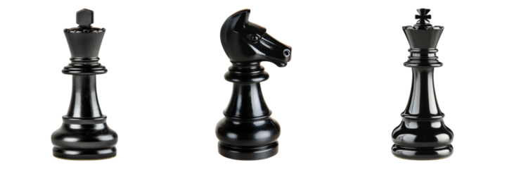 Black chess pieces including king, knight, and queen on transparency background