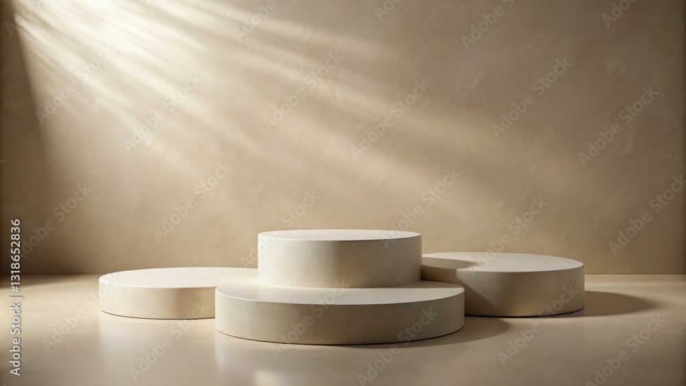Leinwandbilder Minimalist White Circular Display Stand with a Soft Light Shining Through a Window in a Light Beige Room