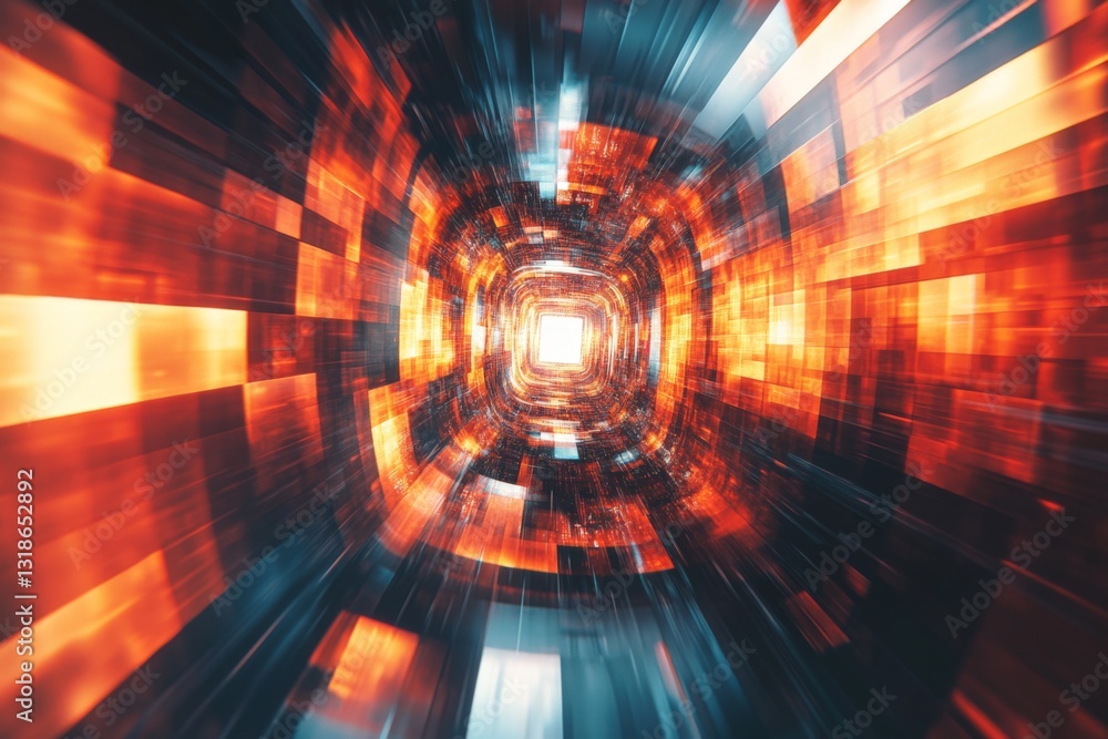 Poster colorful abstract tunnel with glowing lights and motion blur creating a sense of speed and depth