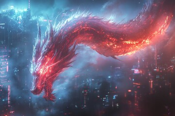 Dragon rises above a neon-lit cityscape, showcasing a blend of fantasy and futuristic architecture at dusk