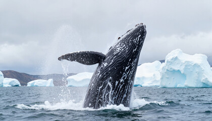 Fototapeta premium Humpback whale breaching in icy waters with icebergs