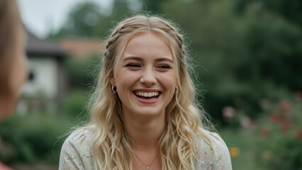 Caucasian young woman laughing outdoors with a joyful expression, embracing friendship and happiness in a natural setting