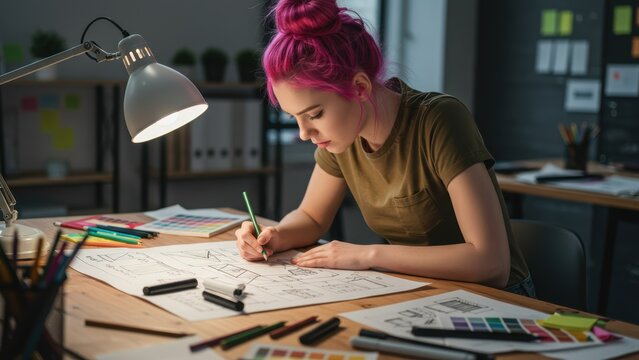 Young woman with pink hair sketching in a creative studio filled with art supplies Represents creativity and self expression