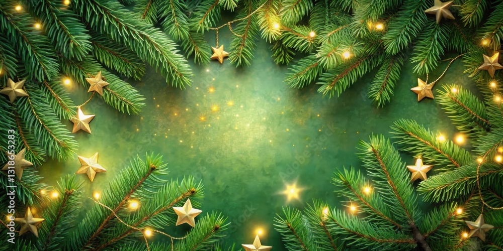 Poster a festive frame of evergreen branches with golden stars and twinkling lights on a green background