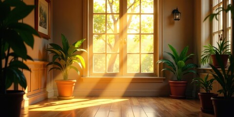 Sunlit Interior with Houseplants and Hardwood Floor, Illuminating a Serene and Peaceful Atmosphere