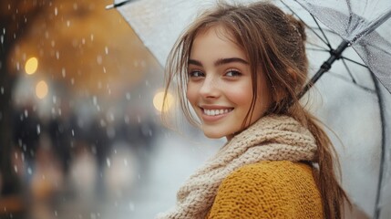 A cheerful young woman with a warm smile stands in the rain, holding an umbrella. Surrounding her are colorful autumn leaves and a soft blur of city life, creating a cozy atmosphere