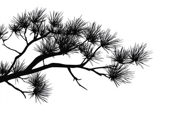 Black Silhouette of Pine Tree Branch Against White Background Isolated