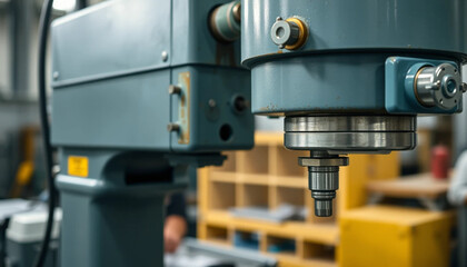 Industrial Drill Press Closeup in Factory Setting for Manufacturing
