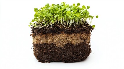 Fresh Green Seedlings Growing in Rich Dark Soil Block with Visible Roots on a Bright Background