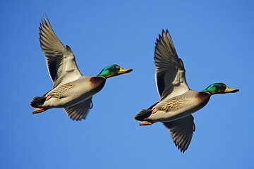 Obraz premium Two Mallard Ducks Flying Together in a Bright Blue Sky
