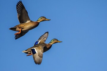 Two Mallard Ducks Flying in Bright Blue Sky Migration Scene