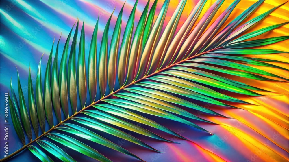 Poster a single vibrant palm frond with iridescent hues on a colorful background