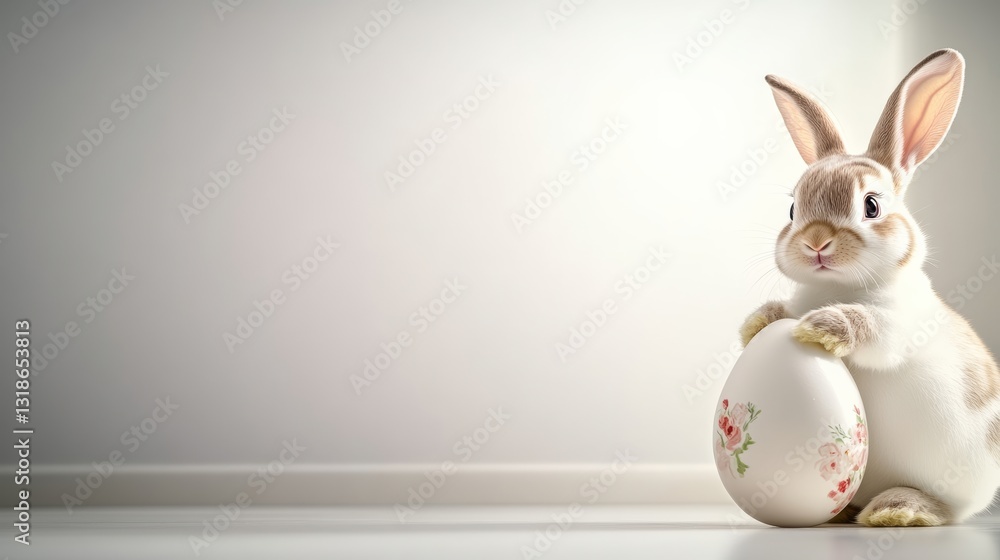 Poster rabbit is holding an egg in its mouth. the rabbit is standing in front of a white background