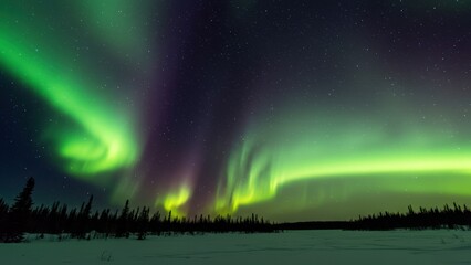 Aurora borealis illumination over snowy ground and pine trees in Canada showcases nature’s beauty with serenity