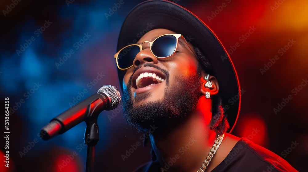 Poster man singing into a microphone with a microphone stand behind him. he is wearing sunglasses and a hat