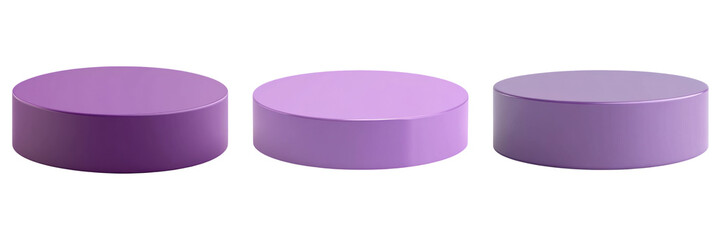 Three purple cylindrical podiums in varying shades on transparency background