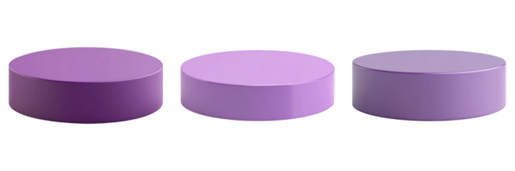 Three purple cylindrical podiums in varying shades on transparency background