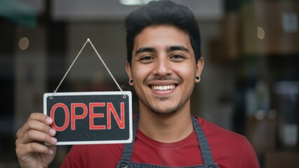 Hispanic man smiling while holding 'Open' sign outside his retail business Promotes entrepreneurship and community support