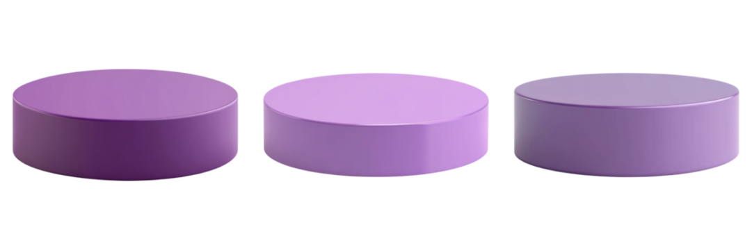 Three purple cylindrical podiums in varying shades on transparency background