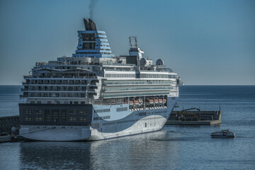 Modern cruiseship cruise ship liner Explorer 2 docked at pier in Malaga, Spain during Mediterranean...