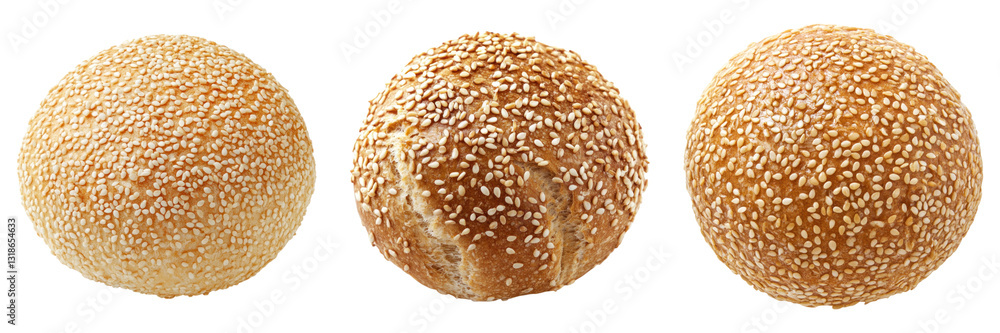 Poster three sesame seed buns in row on transparency background