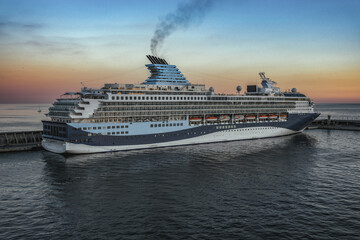 Modern cruiseship cruise ship liner Explorer 2 docked at pier in Malaga, Spain during Mediterranean...