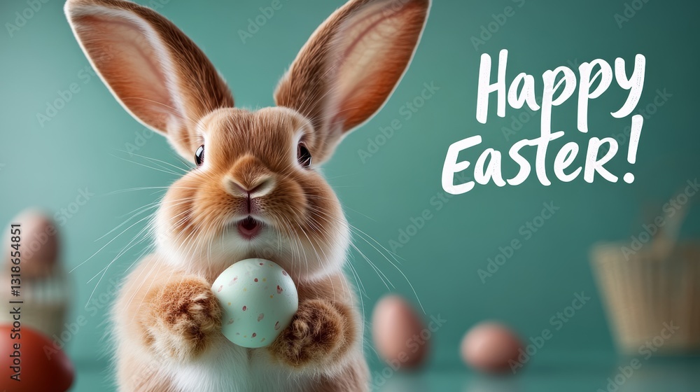 Poster rabbit holding an easter egg. the rabbit is smiling and the background is green. the message is 