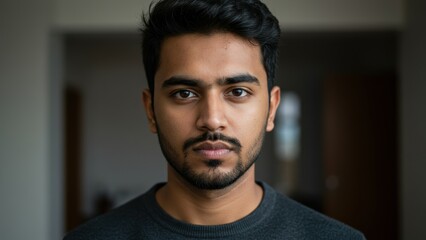 Obraz premium South Asian male portrait indoors with serious expression Captures personal reflection and emotional depth
