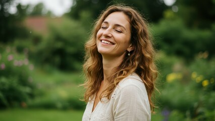 Naklejka premium Caucasian woman smiling in outdoor garden, surrounded by greenery and flowers, exuding joy and well being, emphasizing positivity