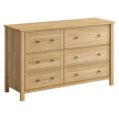 A wooden dresser featuring six drawers with simple handles, showcasing a light finish and a classic design.