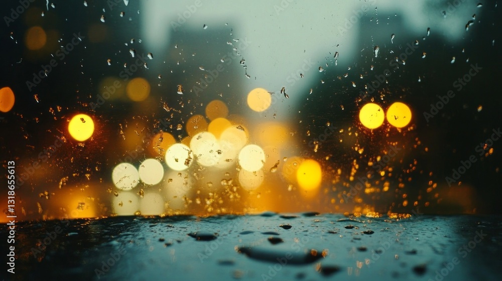 Poster raindrops cascade down a windowpane as city lights twinkle beautifully in the twilight. a moody atmo