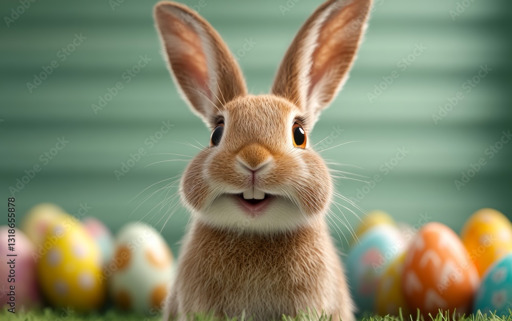 Poster rabbit is standing in front of a bunch of easter eggs. the rabbit is smiling and he is happy