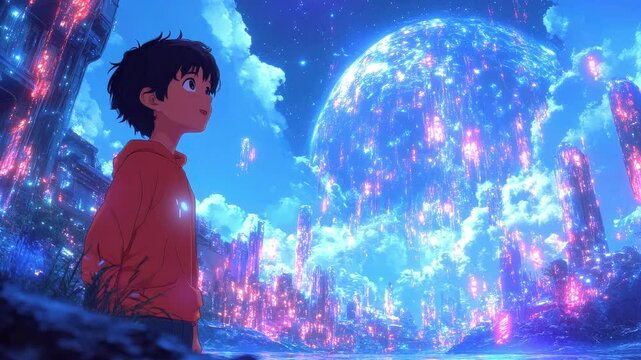 Boy uncovers secret alien language in a vibrant cosmic landscape beneath a starry sky
