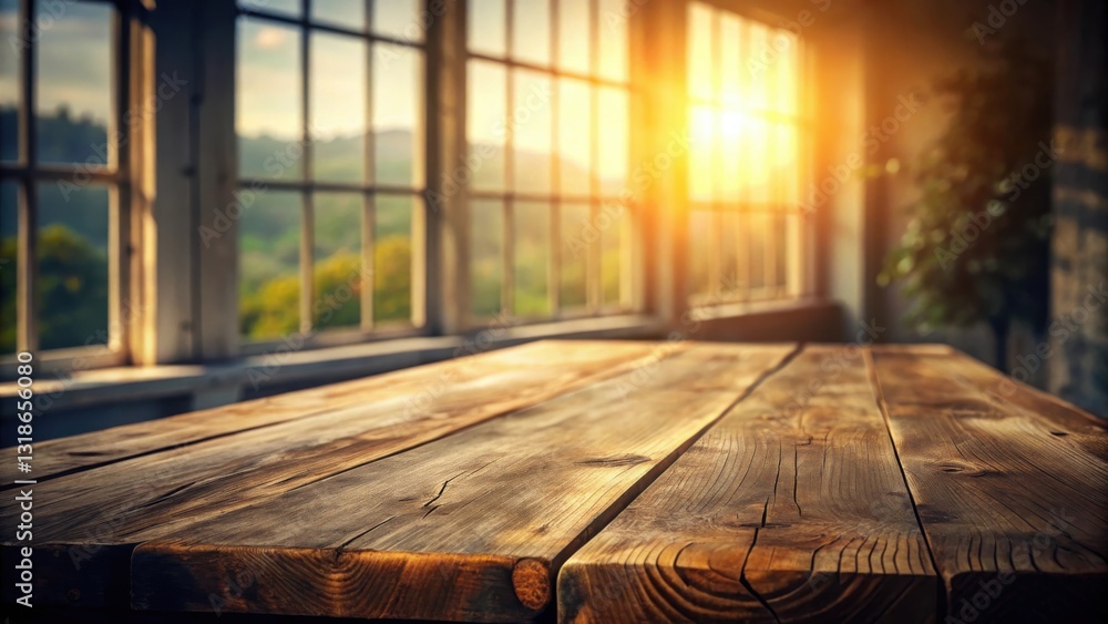 Aufkleber rustic wooden tabletop with blurred background of sun shining through a window overlooking a green l