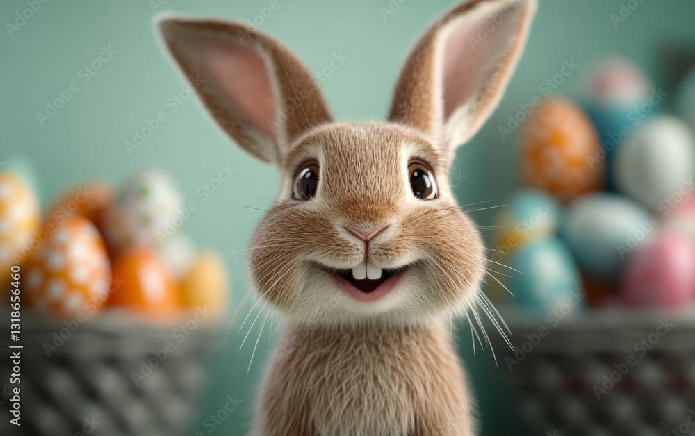 Poster cartoon rabbit is smiling and looking at the camera. there are several easter eggs in the background