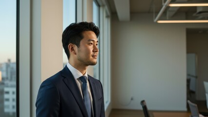 Asian businessman in suit gazing out window at city skyline during sunset Themes include ambition, motivation, professionalism