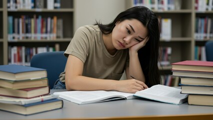 Asian female student appears frustrated in library, surrounded by books and study materials, depicting stress and academic pressure