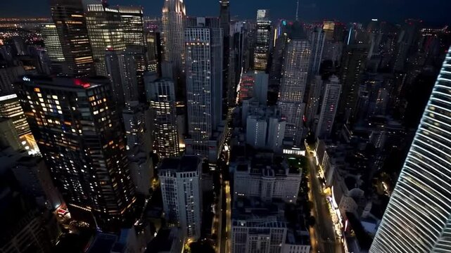 Cinematic aerial footage captures dramatic licopter view skyscrapers bustling business district tiltshift lens effects focusing office buildings