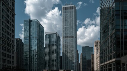 Fototapeta premium Skyscrapers in Chicago's business district showcasing modern architecture against a cloudy sky Concepts: urban life, sustainability