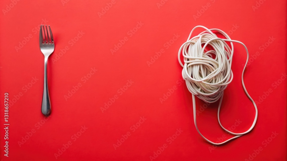 Leinwandbilder a tangled white cord and a silver fork on a red background, a minimal still life image representing 