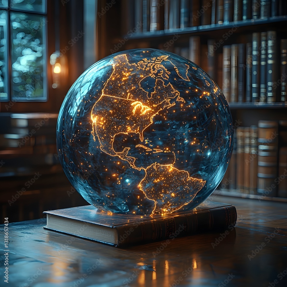 Poster glowing abstract globe surrounded by faint luminous books symbolizing global access to knowledge