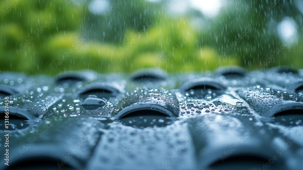 Poster raindrops cascade down a textured rooftop, pooling in small depressions as a gentle shower nourishes