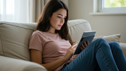 Fototapeta premium Young Hispanic woman using tablet while sitting on couch in contemporary living room Emphasizes leisure and digital lifestyle