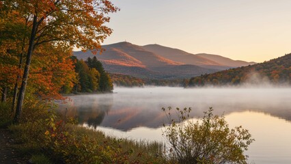 Misty lake surrounded by colorful autumn foliage in New England at sunrise depicting tranquility and nature appreciation