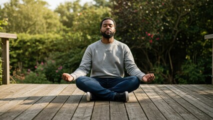 Black man meditating on wooden deck outdoors surrounded by greenery Focus on mindfulness and mental wellness