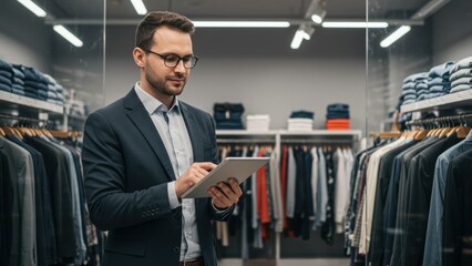 Fototapeta premium Caucasian man in business attire using tablet in clothing store with stylish wardrobe displays Themes of shopping and consumerism