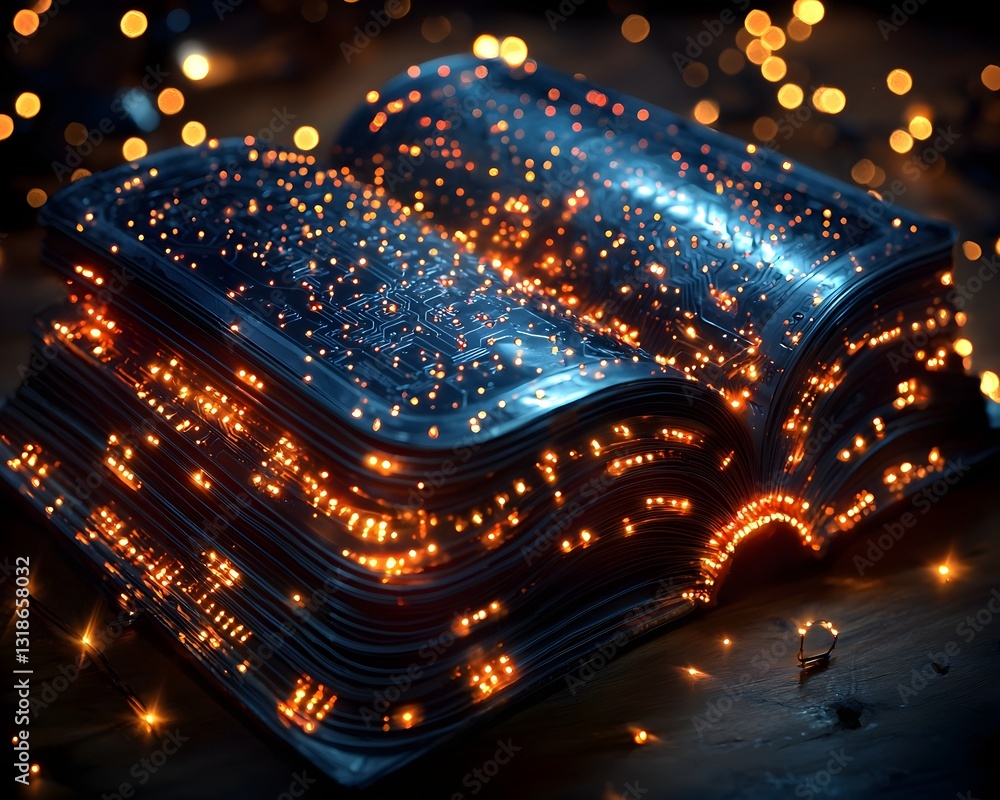 Poster glowing digital circuit board forming the shape of a book representing technological knowledge