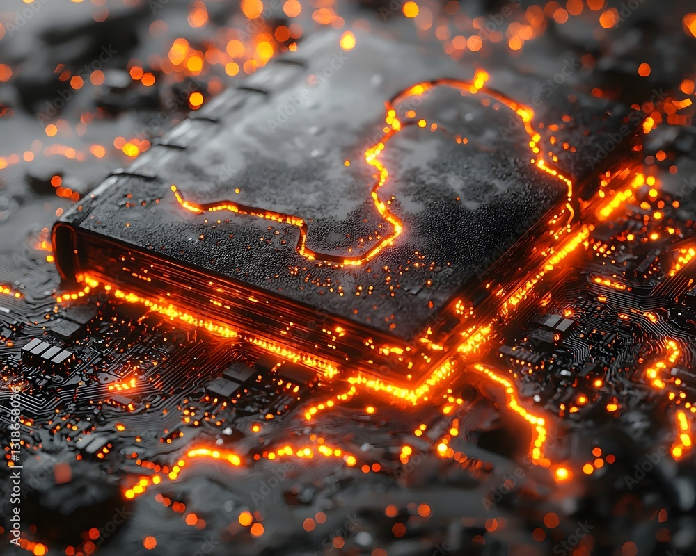 Poster glowing circuit board shaped as a book representing technological knowledge